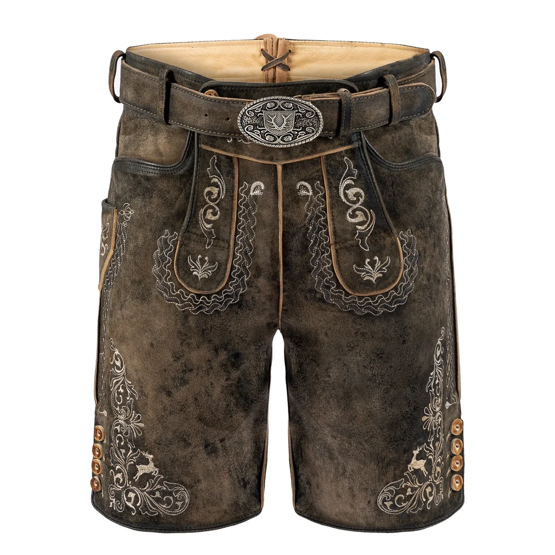 Brown Olive Goat Suede Leather Bavarian Lederhosen Shorts