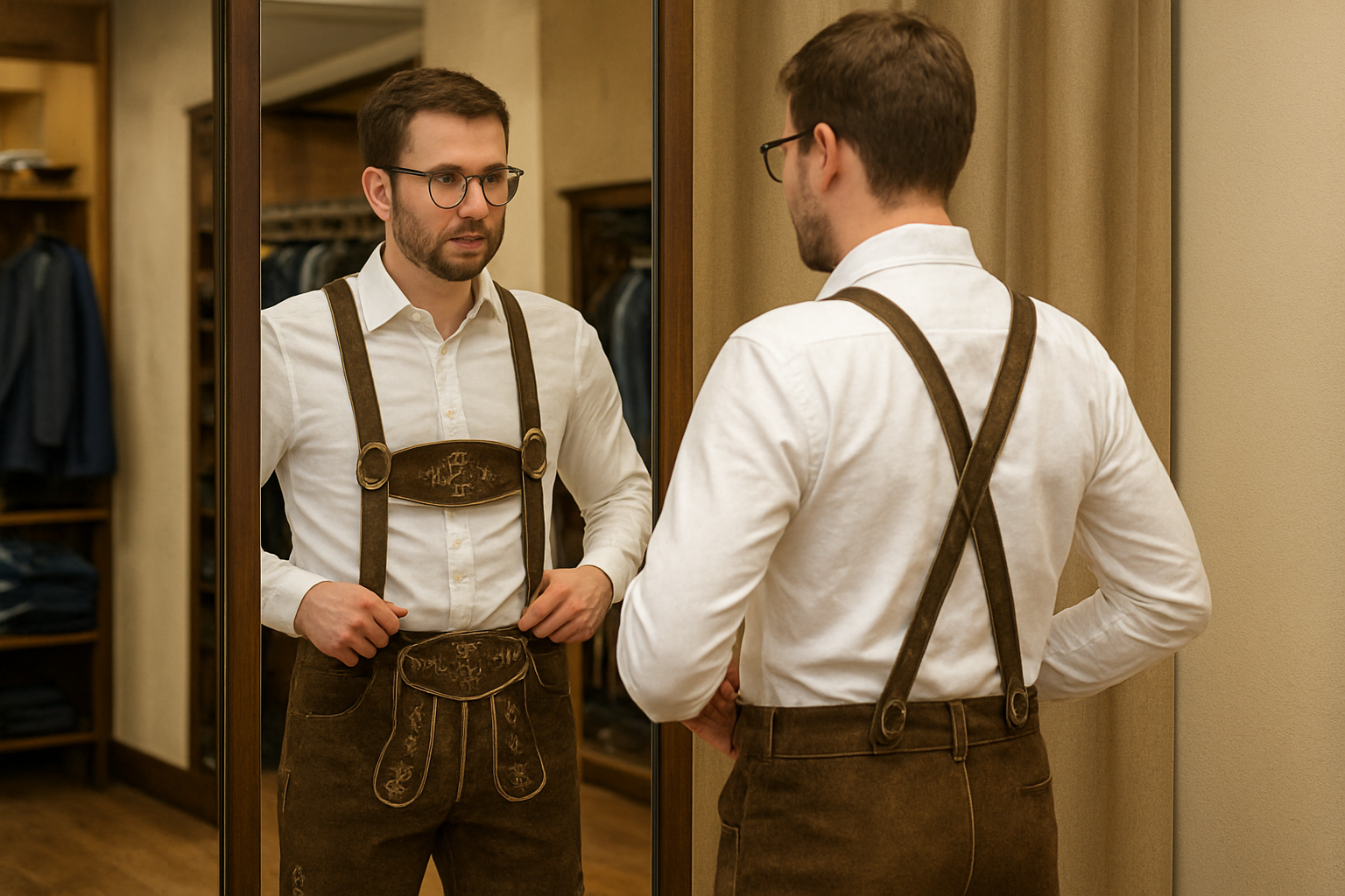 Man adjusting his bundhosen for Oktoberfest in front of a mirror